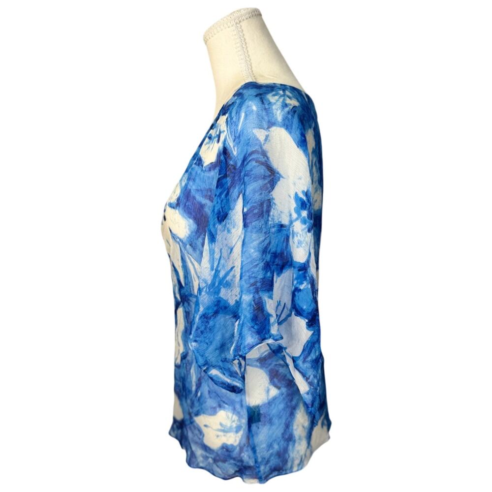 Lauren Ralph Lauren Silk Blue Floral Blouse Women's 10P Petite Coastal Cruise - Picture 3 of 16